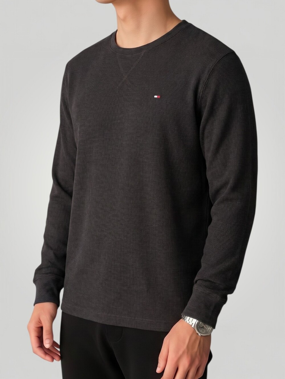 Tommy Hilfiger Men's Waffle Knit Thermal Crewneck Long Sleeve‎ Shirt Black Large
